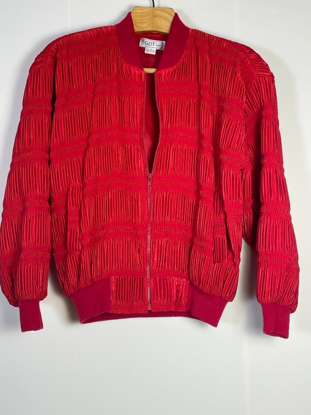 VTG 80s GDT TOO Red Pleated Satin Bomber Jacket Crinkle Oversized Retro One Size